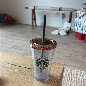 Starbucks Clear Tumbler with Copper Lid and Green Straw